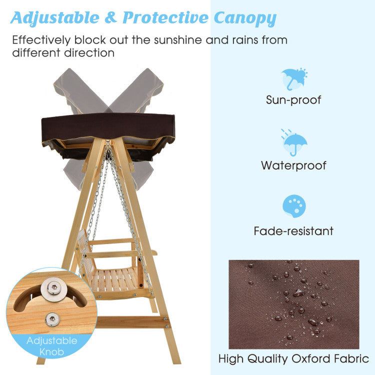 Patio Wooden Swing Bench Chair with Adjustable Canopy for 2 Persons