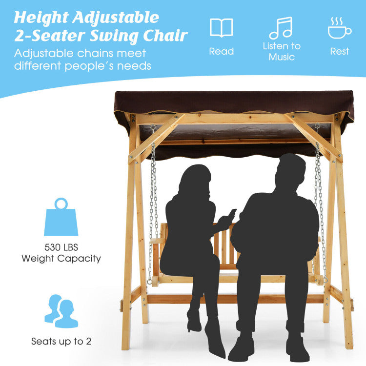 Patio Wooden Swing Bench Chair with Adjustable Canopy for 2 Persons