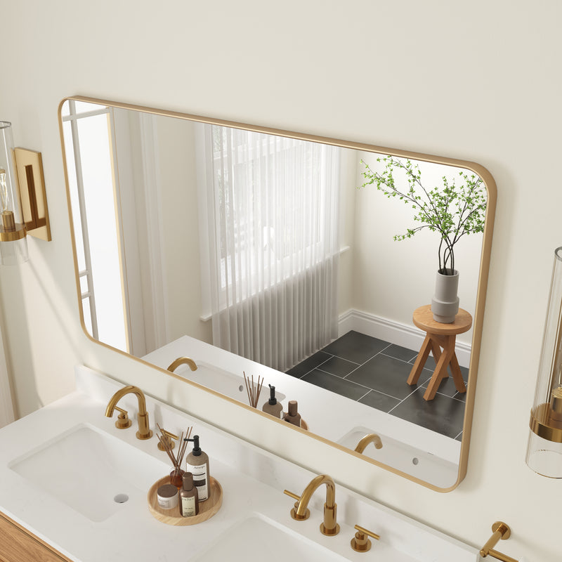 55-in W x 32-in H Brushed Gold Rectangular Framed Bathroom Vanity Mirror