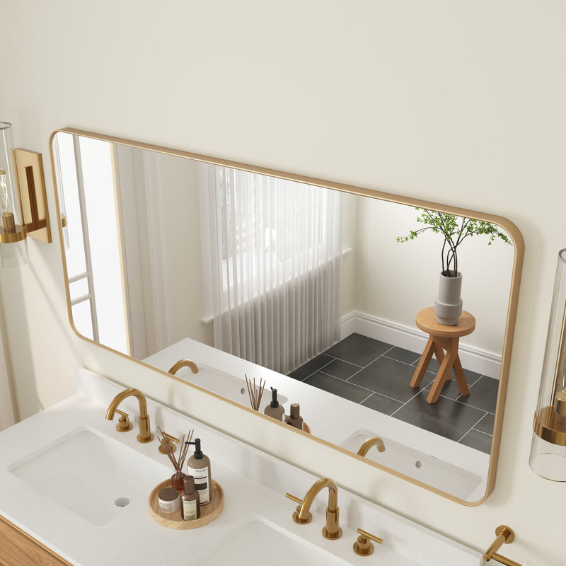 60-in W x 28-in H Brushed Gold Rectangular Framed Bathroom Vanity Mirror