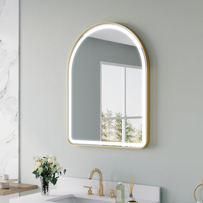 28 in. W x 36 in. H Arched Gold Framed LED Light Mirror, Wall Anti-Fog Bathroom Vanity Mirror