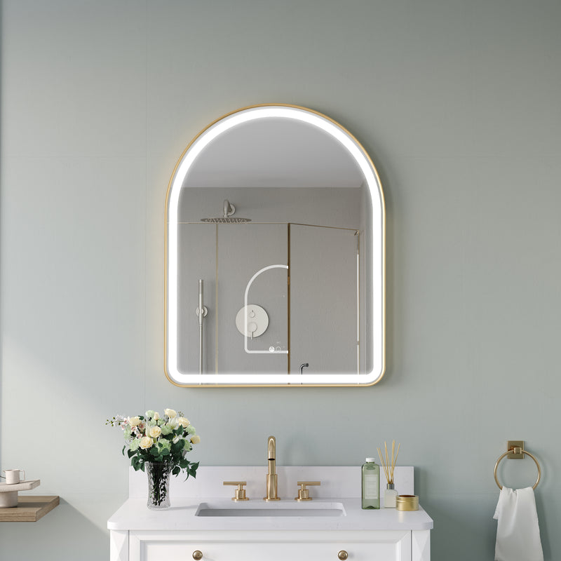 28 in. W x 36 in. H Arched Gold Framed LED Light Mirror, Wall Anti-Fog Bathroom Vanity Mirror