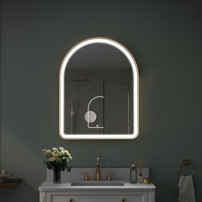 28 in. W x 36 in. H Arched Gold Framed LED Light Mirror, Wall Anti-Fog Bathroom Vanity Mirror