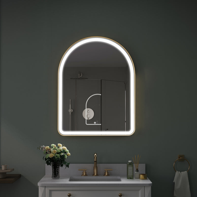 28 in. W x 36 in. H Arched Gold Framed LED Light Mirror, Wall Anti-Fog Bathroom Vanity Mirror