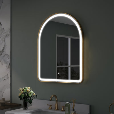 28 in. W x 36 in. H Arched Gold Framed LED Light Mirror, Wall Anti-Fog Bathroom Vanity Mirror