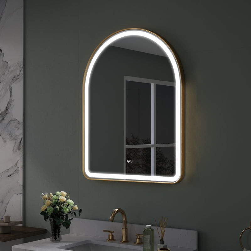 28 in. W x 36 in. H Arched Gold Framed LED Light Mirror, Wall Anti-Fog Bathroom Vanity Mirror