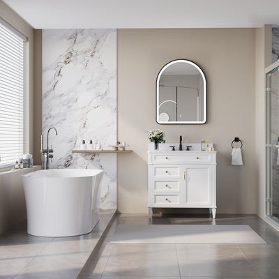 28 in. W x 36 in. H Arched Black Framed LED Light Mirror, Wall Anti-Fog Bathroom Vanity Mirror