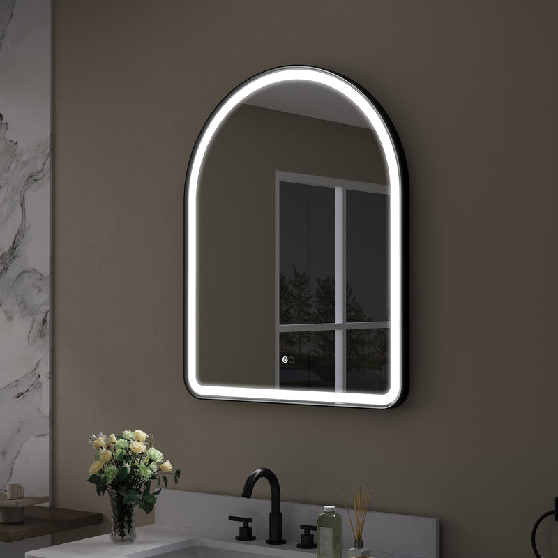 28 in. W x 36 in. H Arched Black Framed LED Light Mirror, Wall Anti-Fog Bathroom Vanity Mirror