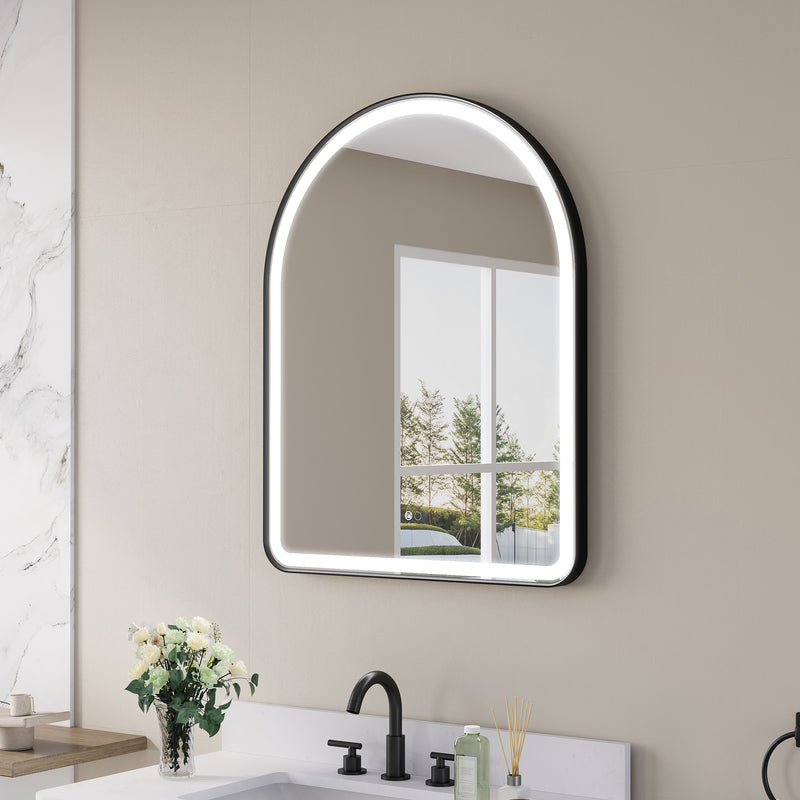 28 in. W x 36 in. H Arched Black Framed LED Light Mirror, Wall Anti-Fog Bathroom Vanity Mirror