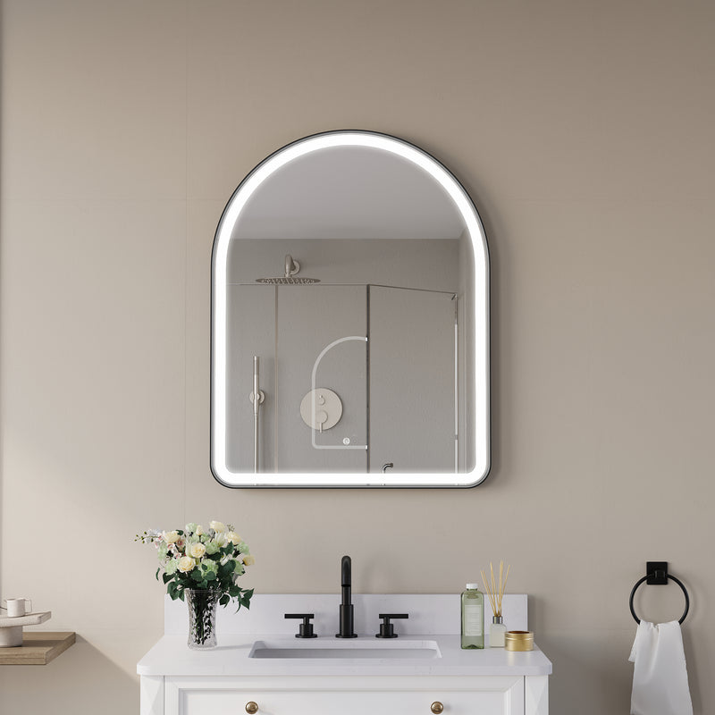 28 in. W x 36 in. H Arched Black Framed LED Light Mirror, Wall Anti-Fog Bathroom Vanity Mirror