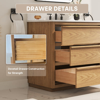 36 Inch Oak Soild Wood Bathroom Vanity with Single Undermount Sink, 3 Dovetail-constructed Drawers