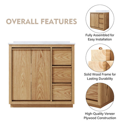 36 Inch Oak Soild Wood Bathroom Vanity with Sink, 3 Dovetail-constructed Drawers and 2 Soft-close Doors