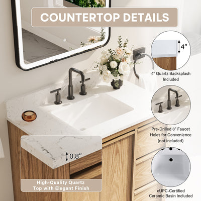 36 Inch Oak Soild Wood Bathroom Vanity with Sink, 3 Dovetail-constructed Drawers and 2 Soft-close Doors