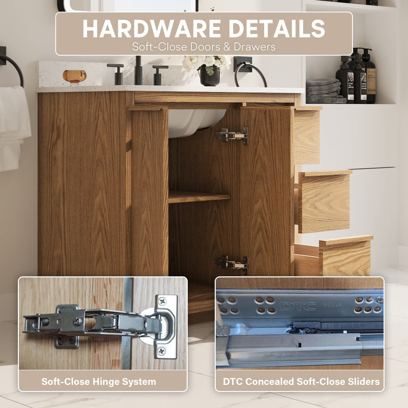 36 Inch Oak Soild Wood Bathroom Vanity with Sink, 3 Dovetail-constructed Drawers and 2 Soft-close Doors