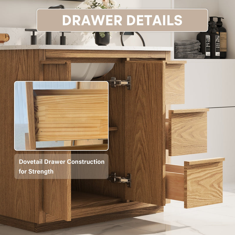 36 Inch Oak Soild Wood Bathroom Vanity with Sink, 3 Dovetail-constructed Drawers and 2 Soft-close Doors
