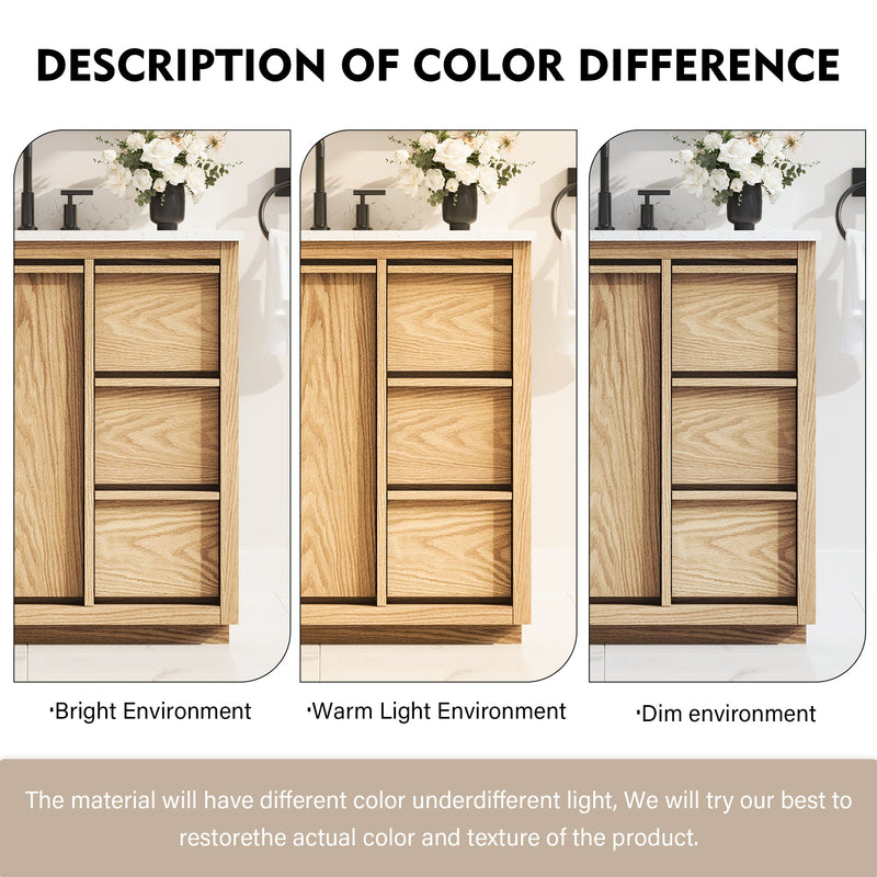36 Inch Oak Soild Wood Bathroom Vanity with Sink, 3 Dovetail-constructed Drawers and 2 Soft-close Doors