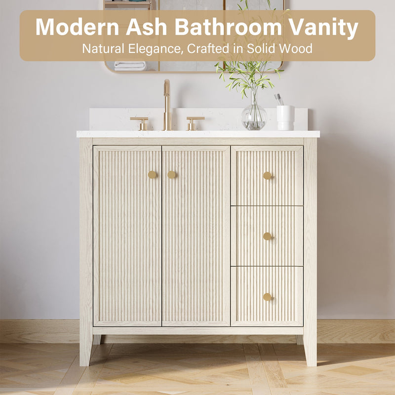 36" ASH Bathroom Vanity with Single Undermount Sink, 3 Dovetail-constructed Drawers, 2 Soft-Closing Doors