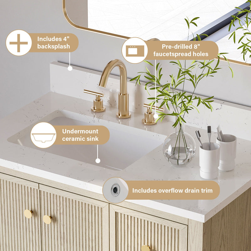 36" ASH Bathroom Vanity with Single Undermount Sink, 3 Dovetail-constructed Drawers, 2 Soft-Closing Doors