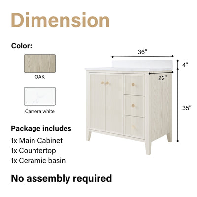 36" ASH Bathroom Vanity with Single Undermount Sink, 3 Dovetail-constructed Drawers, 2 Soft-Closing Doors