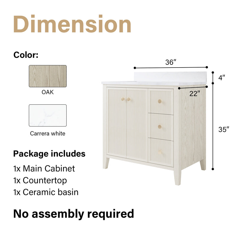 36" ASH Bathroom Vanity with Single Undermount Sink, 3 Dovetail-constructed Drawers, 2 Soft-Closing Doors