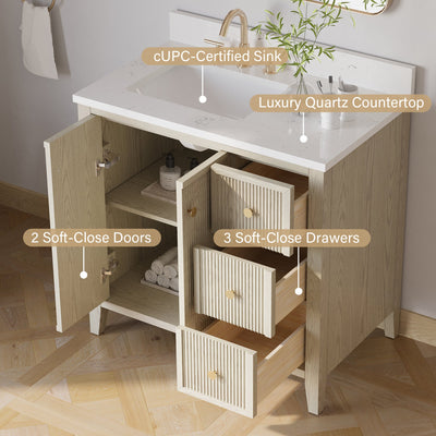 36" ASH Bathroom Vanity with Single Undermount Sink, 3 Dovetail-constructed Drawers, 2 Soft-Closing Doors