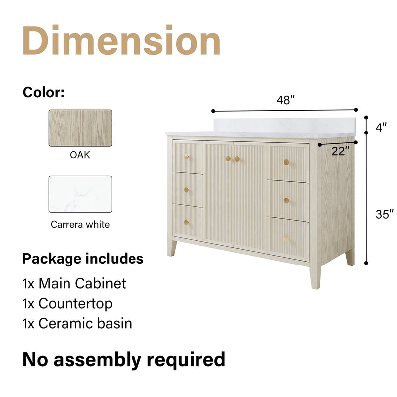48" ASH Bathroom Vanity with Single Undermount Sink, 6 Dovetail-constructed Drawers, 2 Soft-Closing Doors