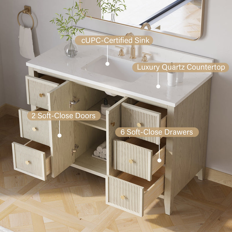 48" ASH Bathroom Vanity with Single Undermount Sink, 6 Dovetail-constructed Drawers, 2 Soft-Closing Doors