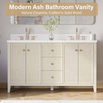 60" ASH Bathroom Vanity with Double Undermount Sinks, 3 Dovetail-constructed Drawers, 4 Soft-Closing Doors