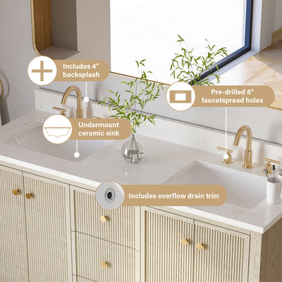 60" ASH Bathroom Vanity with Double Undermount Sinks, 3 Dovetail-constructed Drawers, 4 Soft-Closing Doors