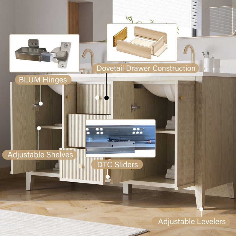 60" ASH Bathroom Vanity with Double Undermount Sinks, 3 Dovetail-constructed Drawers, 4 Soft-Closing Doors