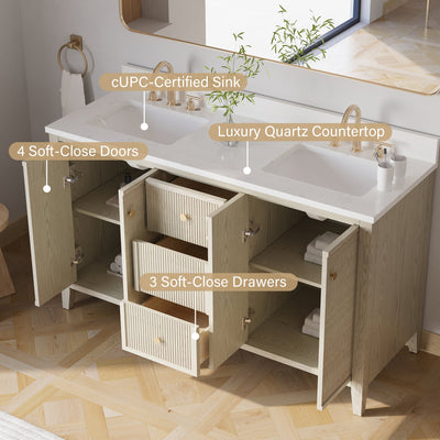 60" ASH Bathroom Vanity with Double Undermount Sinks, 3 Dovetail-constructed Drawers, 4 Soft-Closing Doors
