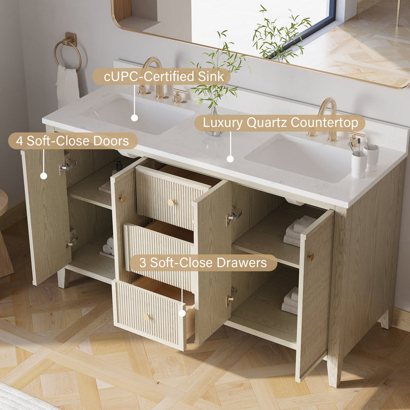 60" ASH Bathroom Vanity with Double Undermount Sinks, 3 Dovetail-constructed Drawers, 4 Soft-Closing Doors