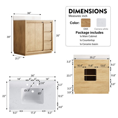 36 Inch Oak Soild Wood Bathroom Vanity with Sink, 3 Dovetail-constructed Drawers and 2 Soft-close Doors