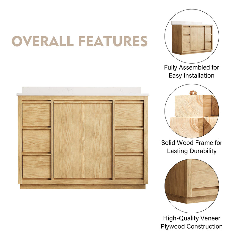 48 Inch Oak Soild Wood Bathroom Vanity with Sink, 6 Dovetail-constructed Drawers and 2 Soft-close Doors