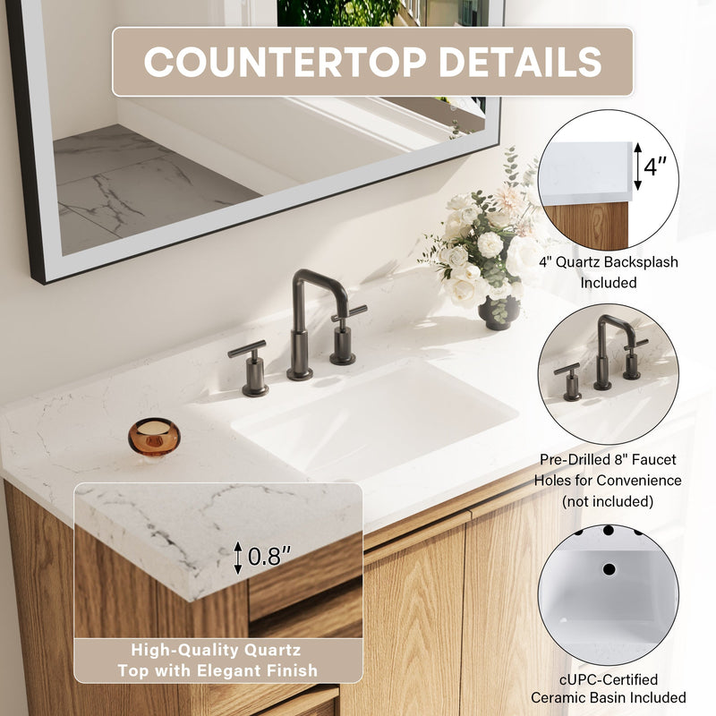 48 Inch Oak Soild Wood Bathroom Vanity with Sink, 6 Dovetail-constructed Drawers and 2 Soft-close Doors