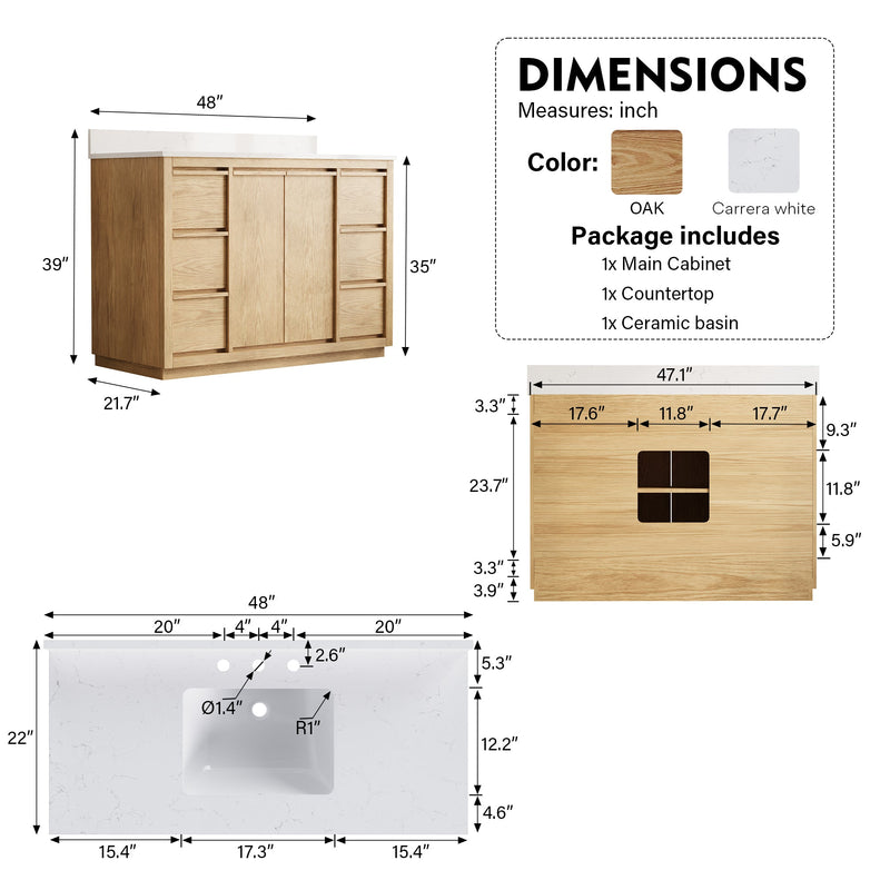 48 Inch Oak Soild Wood Bathroom Vanity with Sink, 6 Dovetail-constructed Drawers and 2 Soft-close Doors