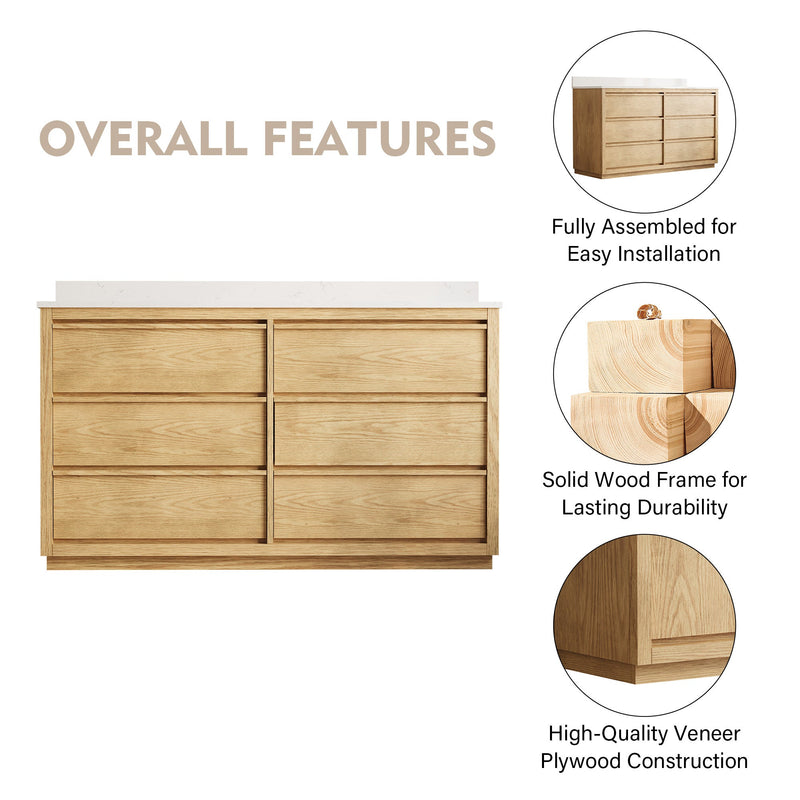 60 Inch Oak Soild Wood Bathroom Vanity with Double Undermount Sinks, 6 Dovetail-constructed Drawers