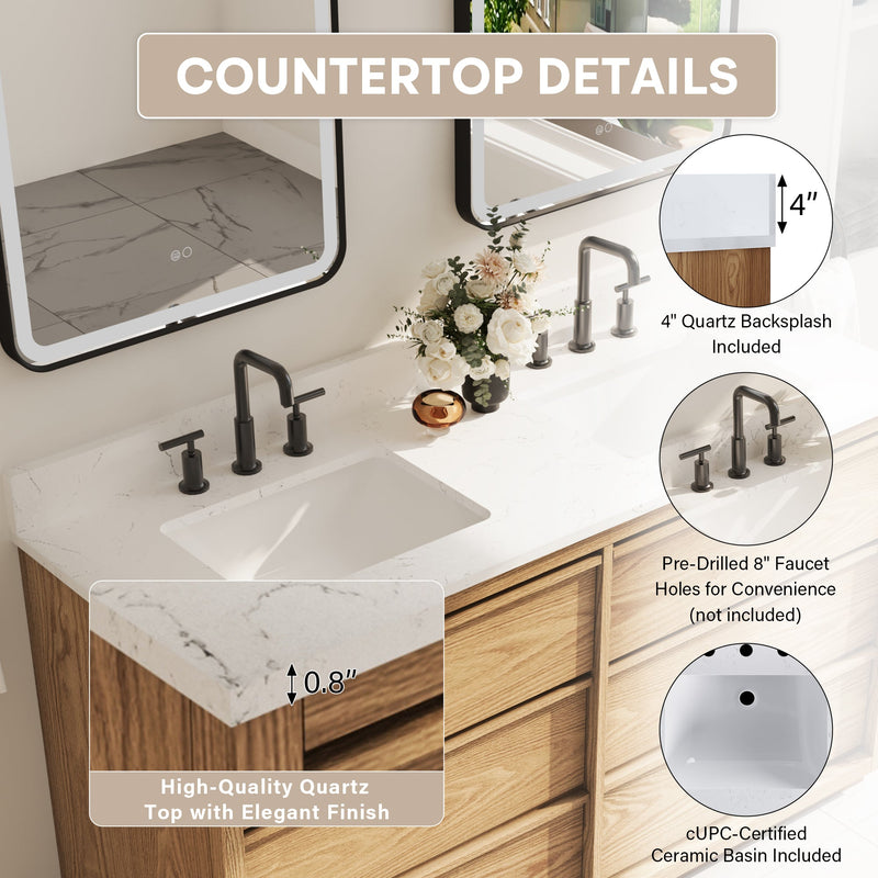 60 Inch Oak Soild Wood Bathroom Vanity with Double Undermount Sinks, 6 Dovetail-constructed Drawers