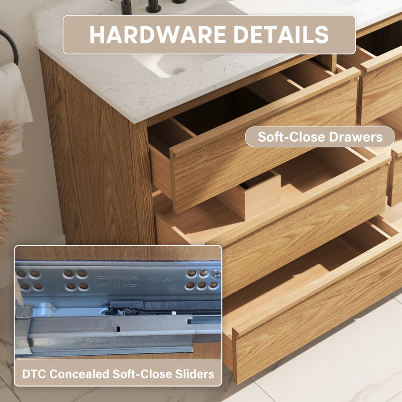 60 Inch Oak Soild Wood Bathroom Vanity with Double Undermount Sinks, 6 Dovetail-constructed Drawers