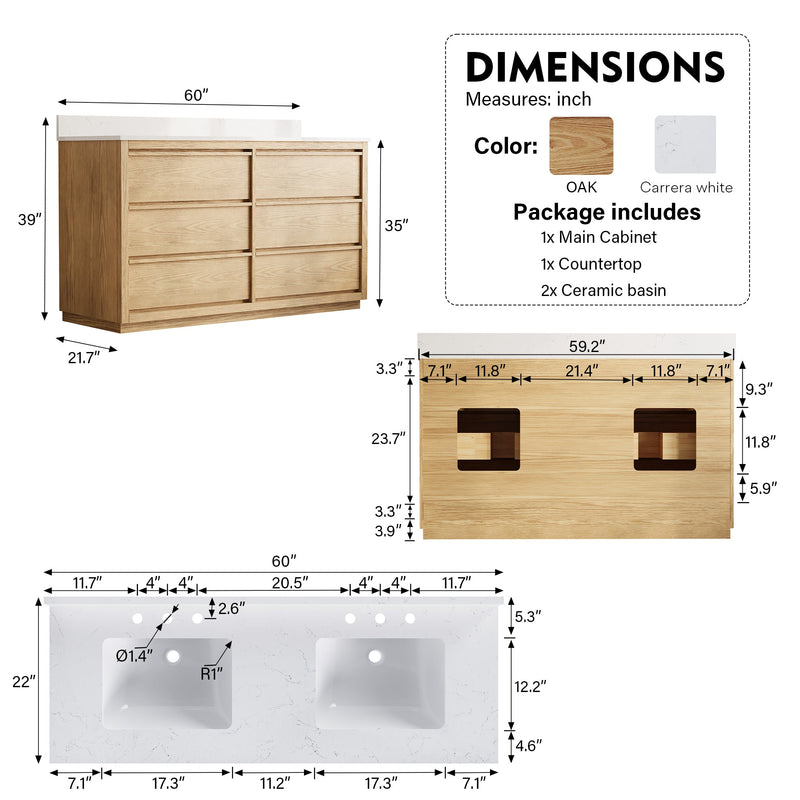 60 Inch Oak Soild Wood Bathroom Vanity with Double Undermount Sinks, 6 Dovetail-constructed Drawers