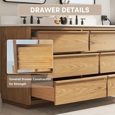 60 Inch Oak Soild Wood Bathroom Vanity with Double Undermount Sinks, 6 Dovetail-constructed Drawers