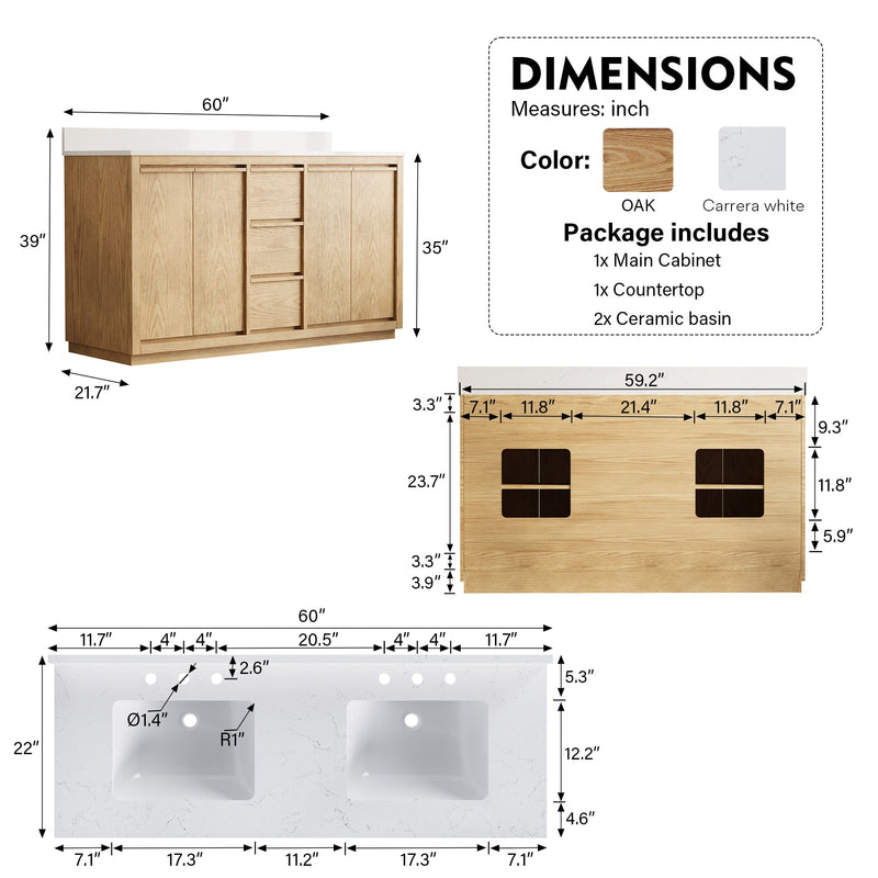 60 Inch Oak Soild Wood Bathroom Vanity with Double Undermount Sinks, 3 Dovetail-constructed Drawers and 4 Soft-close Doors