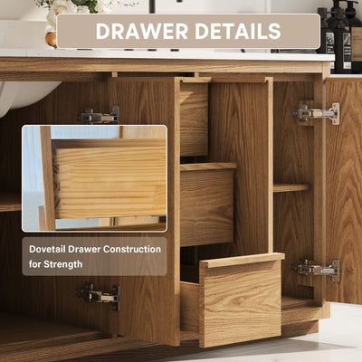 60 Inch Oak Soild Wood Bathroom Vanity with Double Undermount Sinks, 3 Dovetail-constructed Drawers and 4 Soft-close Doors