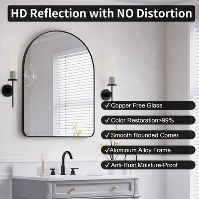 28 in. W x 36 in. H Arched Aluminum Framed Wall Bathroom Vanity Mirror in Matte Black