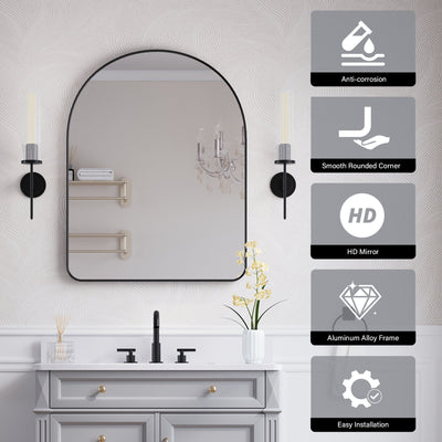 28 in. W x 36 in. H Arched Aluminum Framed Wall Bathroom Vanity Mirror in Matte Black