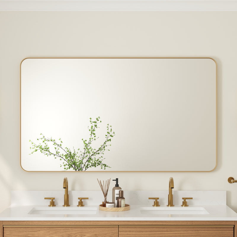 55-in W x 32-in H Brushed Gold Rectangular Framed Bathroom Vanity Mirror