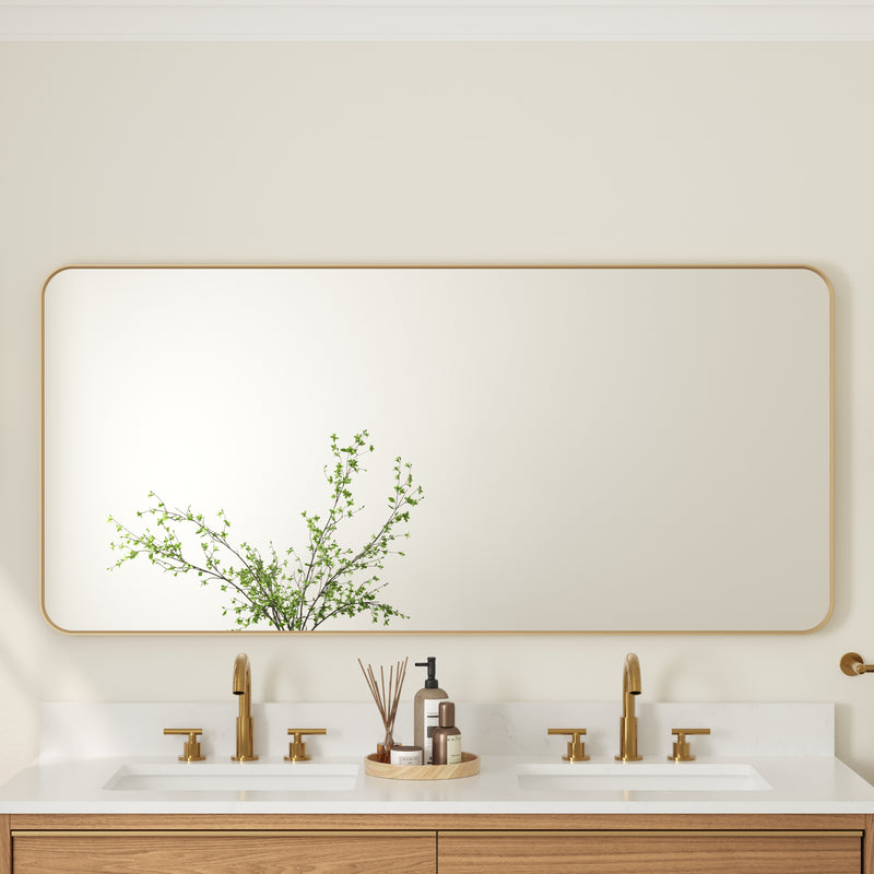 60-in W x 28-in H Brushed Gold Rectangular Framed Bathroom Vanity Mirror