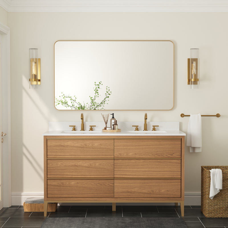 55-in W x 32-in H Brushed Gold Rectangular Framed Bathroom Vanity Mirror