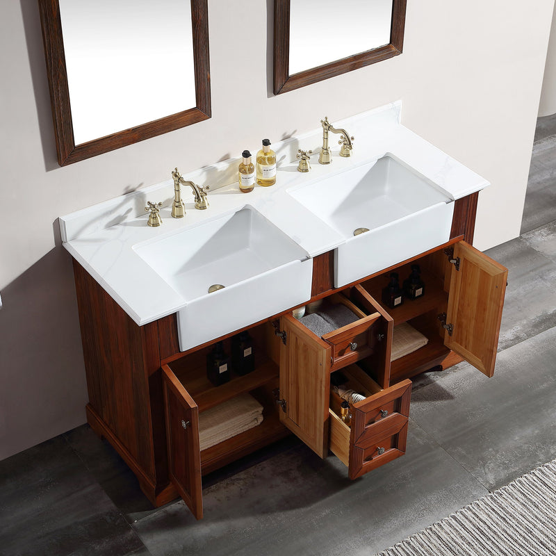 60 in. W x 22 in. D x 35 in. H Freestanding Bath Vanity Wood in Brown with White Quartz Top with White Basin