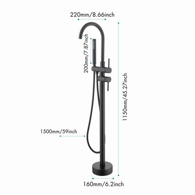 2-Handle Freestanding Floor Mount Bath Tub Filler Faucet with Handheld Shower in Matte Black